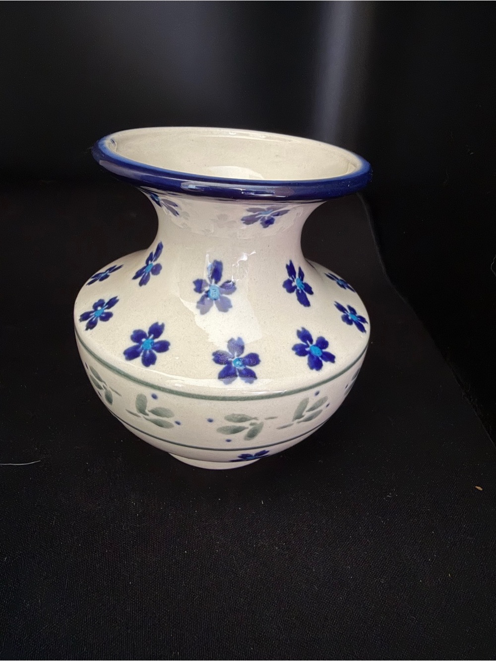 Hand-Painted Cream Ceramic Vase with Blue Floral Motif